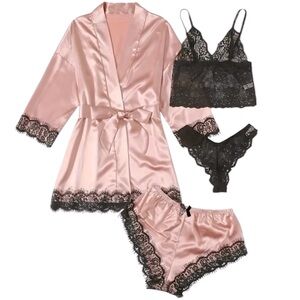 Sexy Women’s 4 Piece Linguire Set - Robe, Shorts,Lace Tank&underwear